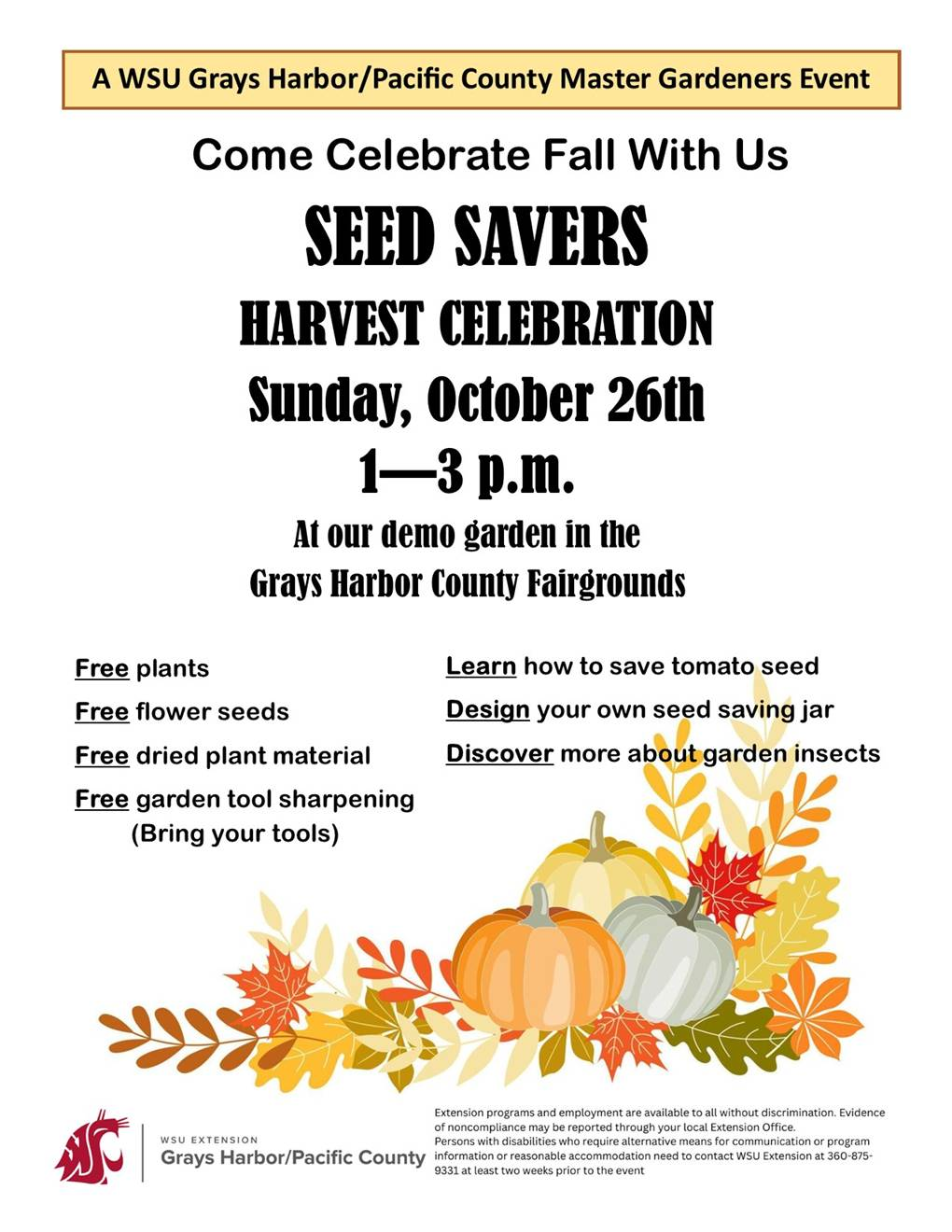 Seed Savers Harvest Celebration on 10-26-2025 from 1-3 PM at Grays Harbor demonstration garden
