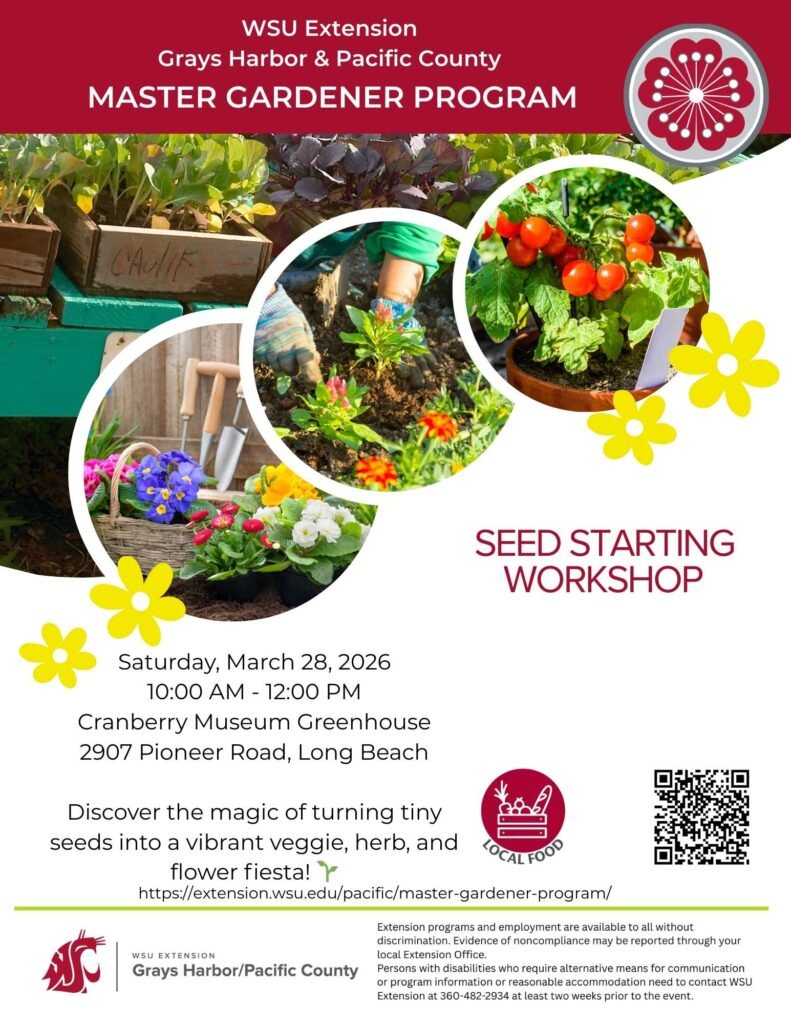 Seed Starting Workshop poster March 28, 2026, 10 am-Noon, 2907 Pioneer Rd, Long Beach