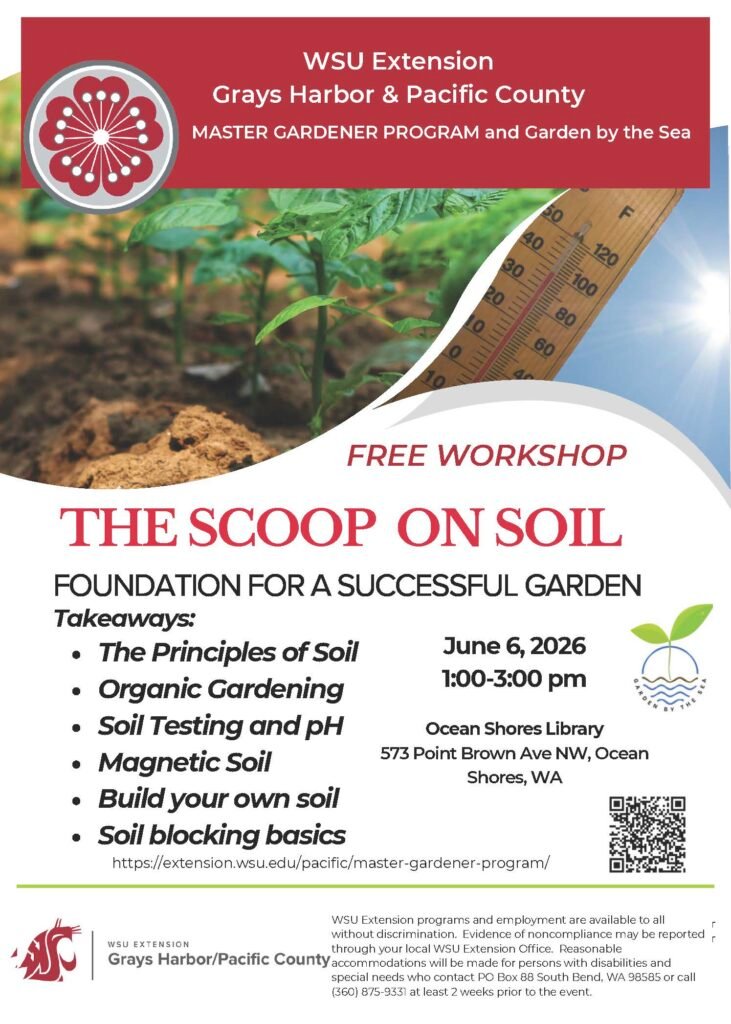 The Scoop on Soil program flyer - June 6, 2026 1-3 PM Ocean Shores Library